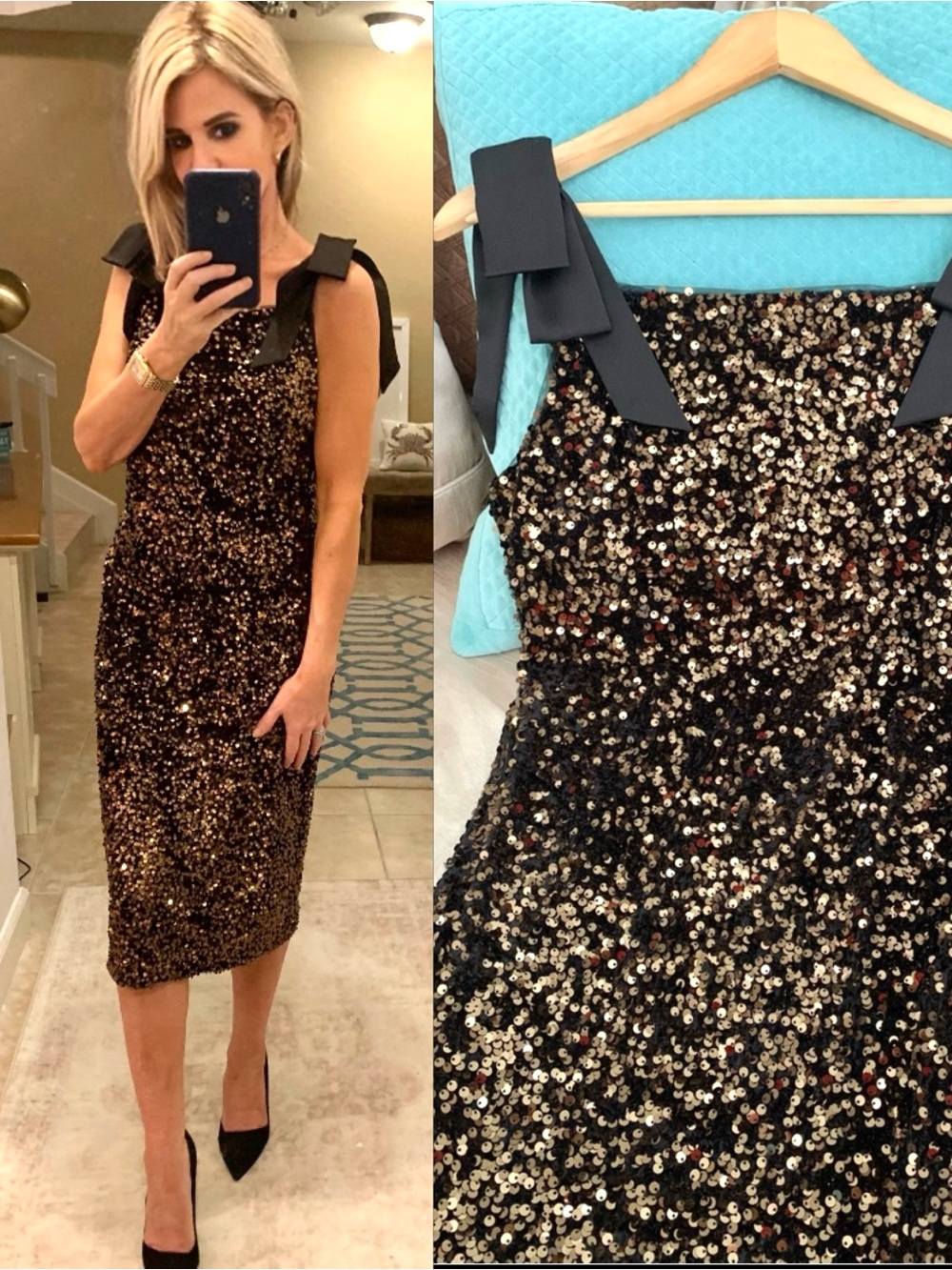 NWT Karl Lagerfeld Paris Black Gold Sequin Bow Shoulder Dress